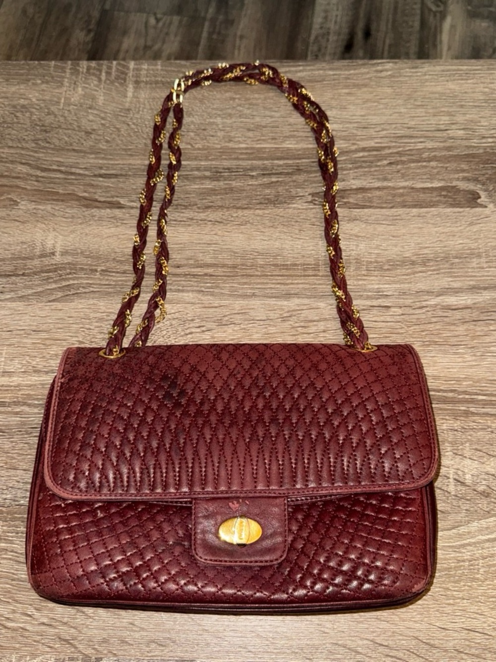 Vintage Designer Bally Quilted Burgundy Chain-Handle Shoulder Bag